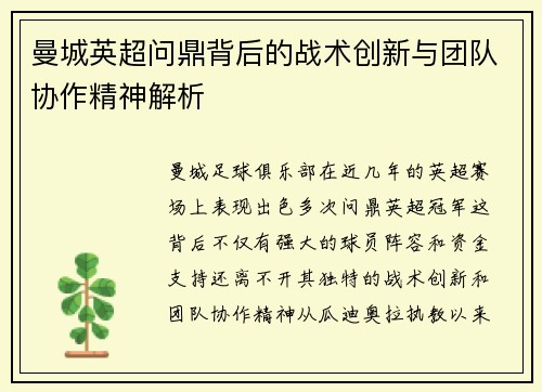 曼城英超问鼎背后的战术创新与团队协作精神解析