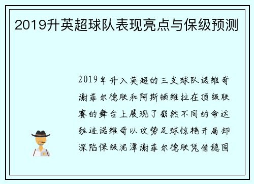 2019升英超球队表现亮点与保级预测