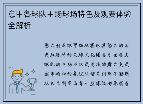 意甲各球队主场球场特色及观赛体验全解析