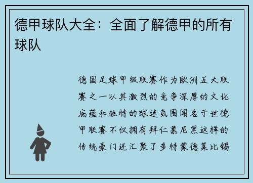 德甲球队大全：全面了解德甲的所有球队